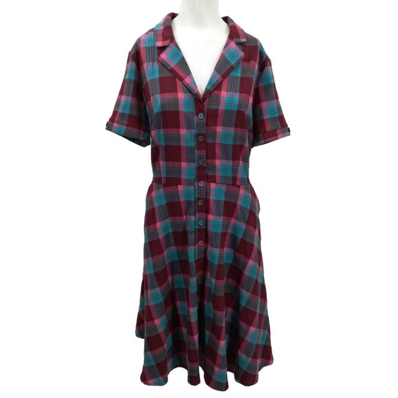 Voodoo Vixen Dresses & Skirts - Voodoo Vixen Rockabilly Pinup Plaid Skater Circle Dress Size XXL Pink Blue Piper